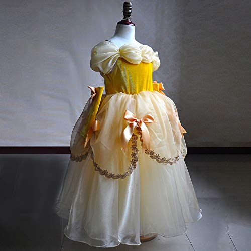 IWEMEK Niñas Bella y la Bestia Vestido de Carnaval Disfraz de Princesa Belle Fuera del Hombro Vestir Traje de Halloween Navidad Cumpleaños Pageant Comunión Fiesta Cosplay Amarillo 4-5 Años