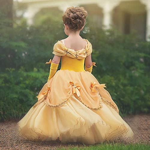 IWEMEK Niñas Bella y la Bestia Vestido de Carnaval Disfraz de Princesa Belle Fuera del Hombro Vestir Traje de Halloween Navidad Cumpleaños Pageant Comunión Fiesta Cosplay Amarillo 4-5 Años