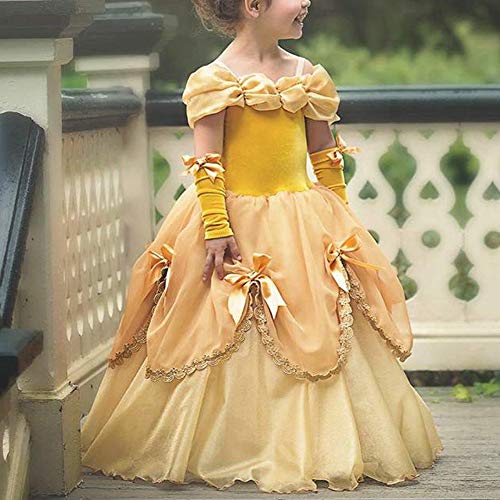 IWEMEK Niñas Bella y la Bestia Vestido de Carnaval Disfraz de Princesa Belle Fuera del Hombro Vestir Traje de Halloween Navidad Cumpleaños Pageant Comunión Fiesta Cosplay Amarillo 4-5 Años