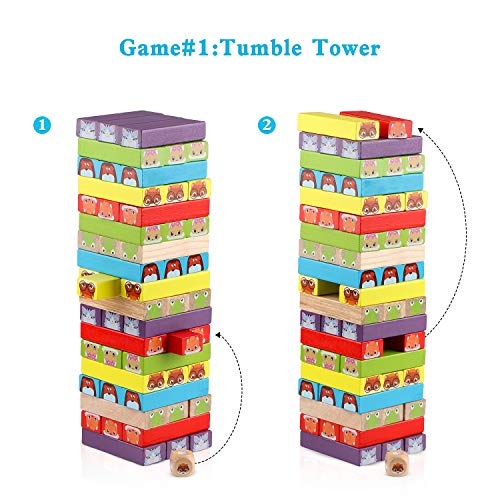 Jacootoys Juguete de Torre de Bloques de Madera Animales 3 en 1, 54 Piezas Juego de Mesa Educativo para Niños Niñas