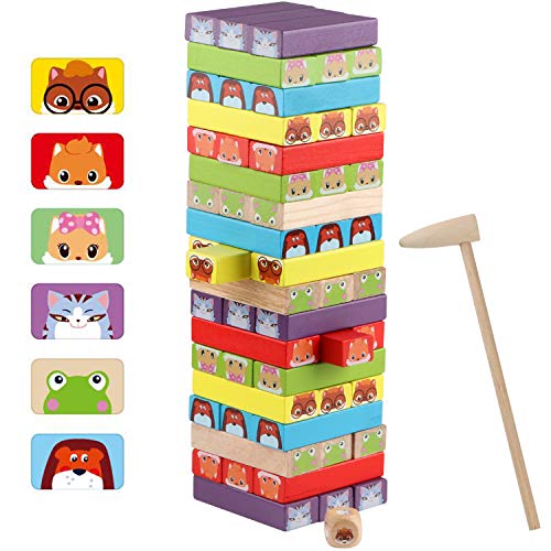 Jacootoys Juguete de Torre de Bloques de Madera Animales 3 en 1, 54 Piezas Juego de Mesa Educativo para Niños Niñas