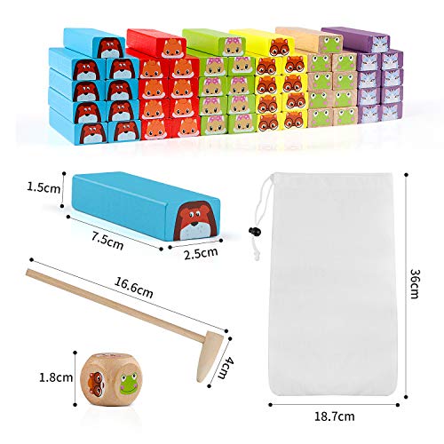 Jacootoys Juguete de Torre de Bloques de Madera Animales 3 en 1, 54 Piezas Juego de Mesa Educativo para Niños Niñas