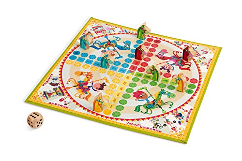 Janod - J02744 - Juego de mesa tradicional Ludo con diseño de tiovivo y figuritas de madera para niños a partir de 4 años