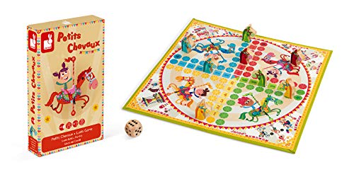 Janod - J02744 - Juego de mesa tradicional Ludo con diseño de tiovivo y figuritas de madera para niños a partir de 4 años