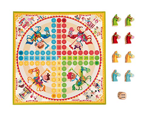 Janod - J02744 - Juego de mesa tradicional Ludo con diseño de tiovivo y figuritas de madera para niños a partir de 4 años