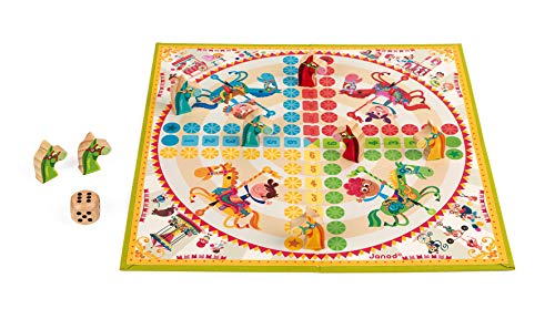 Janod - J02744 - Juego de mesa tradicional Ludo con diseño de tiovivo y figuritas de madera para niños a partir de 4 años