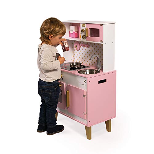 Janod - J06554 - Cocina Candy Chic de madera con nevera y microondas, 6 accesorios incluidos, sonido y luz, color rosa y blanco; juego de simulación para niños a partir de 3 años