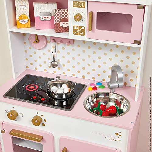 Janod - J06554 - Cocina Candy Chic de madera con nevera y microondas, 6 accesorios incluidos, sonido y luz, color rosa y blanco; juego de simulación para niños a partir de 3 años