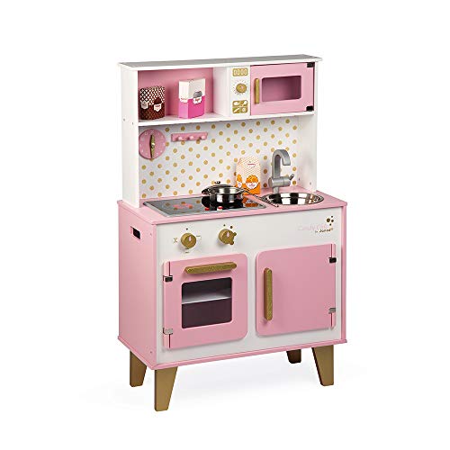 Janod - J06554 - Cocina Candy Chic de madera con nevera y microondas, 6 accesorios incluidos, sonido y luz, color rosa y blanco; juego de simulación para niños a partir de 3 años