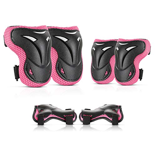 Jim’S Store Protecciones Patines Infantil,Set de Rodilleras Coderas y Muñequeras Adecuado para Bicicleta Patinaje Ciclismo Monopatín y Deportes Extremos(Rosa)