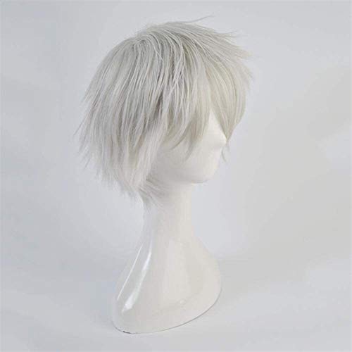 JPSOUP Anime Cosplay Pelucas Touken Ranbu Online Nakigitsune Silver-White Blanco Cabello Corto Peluca Cosplay Pelucas de Party + Peluca Cap