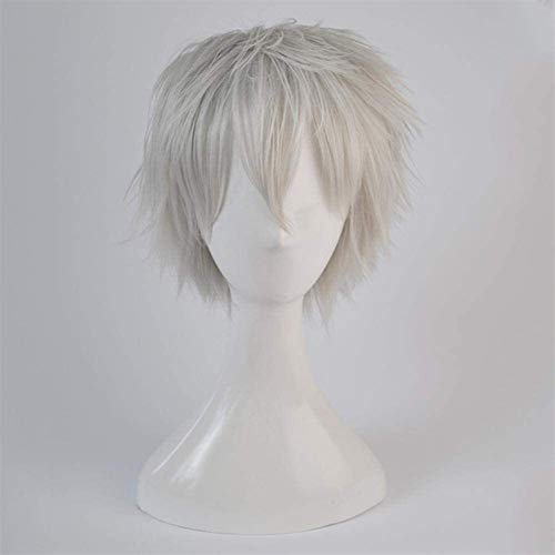 JPSOUP Anime Cosplay Pelucas Touken Ranbu Online Nakigitsune Silver-White Blanco Cabello Corto Peluca Cosplay Pelucas de Party + Peluca Cap