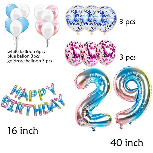 Juego de 29 globos de decoración para cumpleaños para mujeres y hombres, arcoíris, 29 años de cumpleaños, decoración para mujeres y hombres, 29 globos con guirnalda Happy Birthday para género