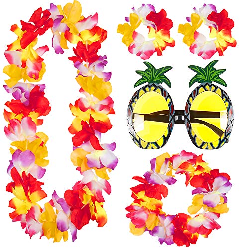 Juego de 6 piezas hawaiano hula falda de hierba con guirnaldas Lei y gafas de piña elegido de paja o multifalda verano Hawaii Beach Tropical Fancy Dress Party Costume