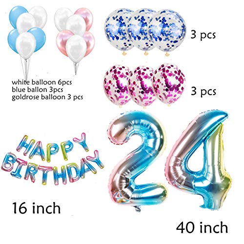 Juego de decoración para el 24 cumpleaños para mujeres y hombres, arcoíris, decoración de cumpleaños, 24 años, para mujeres, 24 globos con guirnalda Happy Birthday para Gender Reveal hombre y mujer