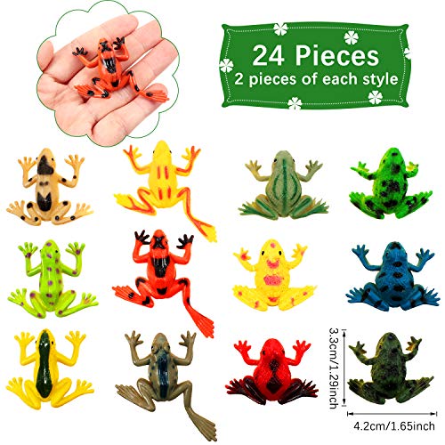 Juego de Rana Plástica de 36 Piezas Include 24 Piezas de Mini Rana Plástica y 12 Piezas de Hoja de Loto Flotante Artificial para Decoración de Estanque Piscina Fiesta