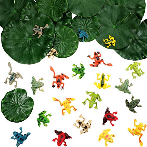 Juego de Rana Plástica de 36 Piezas Include 24 Piezas de Mini Rana Plástica y 12 Piezas de Hoja de Loto Flotante Artificial para Decoración de Estanque Piscina Fiesta