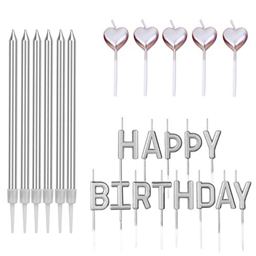 Juego de Velas de Cumpleaños,24 Metálicas Velas Cumpleaños:6 PCS Velas Largas Finas con Soportes+Velas Letras de HAPPY BIRTHDAY+5 PCS Velas de Tarta Forma de Amor para Bodas Fiestas Dorado