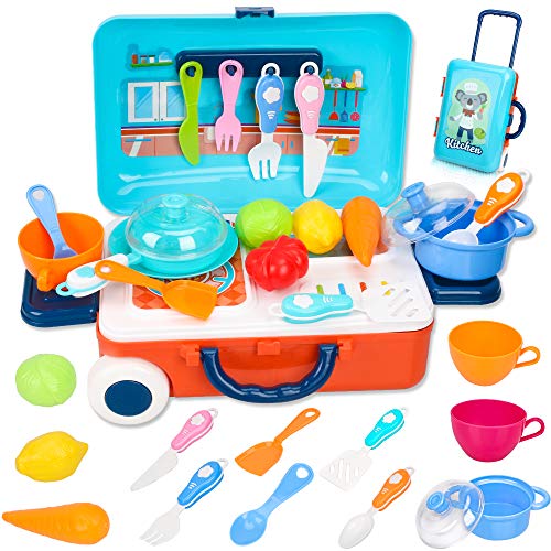 Juguetes de cocina para niños, juguetes de cocina juego de roles con frutas verduras comida muchas funciones juguetes de cocina juguetes educativos de aprendizaje de 3 4 5 niños niñas