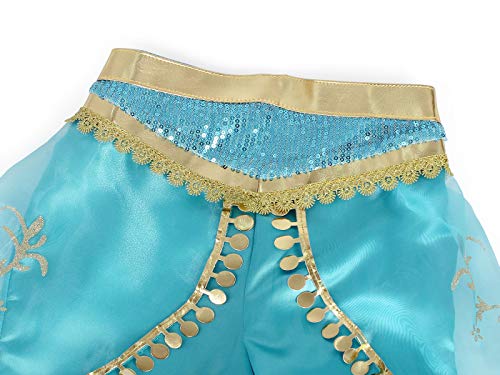 Jurebecia Disfraz de Princesa para Niña Jasmine Vestidos de Fiesta Top con Lentejuelas Conjunto de Pantalones Niña Sling Tops Pantalones Largos Trajes de Borla de Tul Cosplay Verde