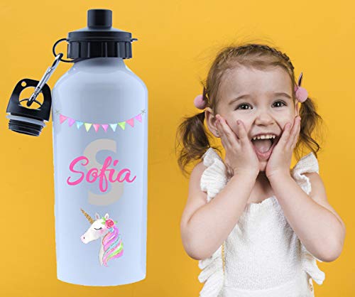 Kembilove Cantimplora Infantil de Unicornio Personalizada – Botella de Aluminio Personalizada Unicornio con el Nombre del Niño o Niña – Capacidad 500 ml peques – Cantimplora Unicornio