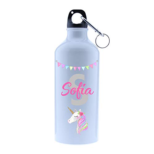 Kembilove Cantimplora Infantil de Unicornio Personalizada – Botella de Aluminio Personalizada Unicornio con el Nombre del Niño o Niña – Capacidad 500 ml peques – Cantimplora Unicornio