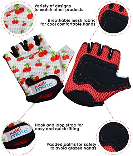 KIDDIMOTO Guantes de Ciclismo sin Dedos para Infantil (niñas y niños) - Bicicleta, MTB, BMX, Carretera, Montaña - Cereza - Talla: M (5-8 años)