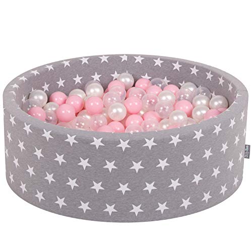 KiddyMoon 90X30cm/300 Bolas ∅ 7Cm Piscina De Bolas para Ninos Hecha En La UE, Gris Estrellas: Rosa Clr/Perla/Transparente