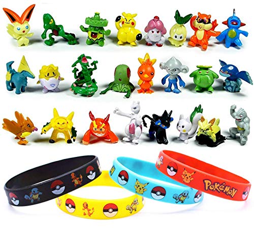 Killow 24 Piezas Pokemon Monster Mini Figure +12 Piezas Pokemon Pulsera de Silicona,Fiesta Juguetes de Infantil Rellenos de Bolsa de Fiesta para Niños Niñas