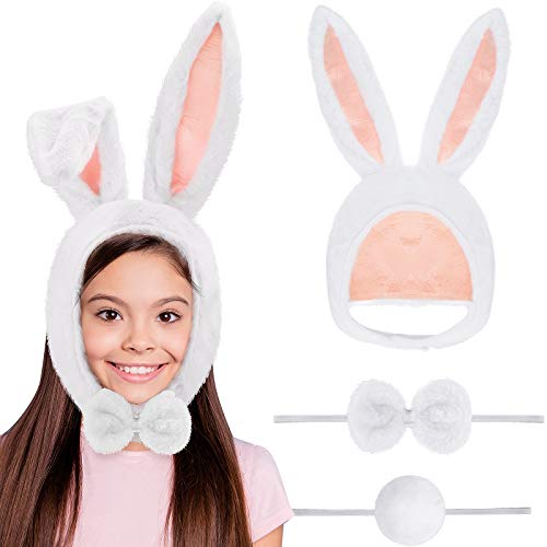 Kit de Disfraz de Conejo Sombrero de Orejas de Conejo de Pascua Kit de Pajarita y Cola para Niños y Adultos Favores de Fiesta, Paquete de 3 (Blanco)