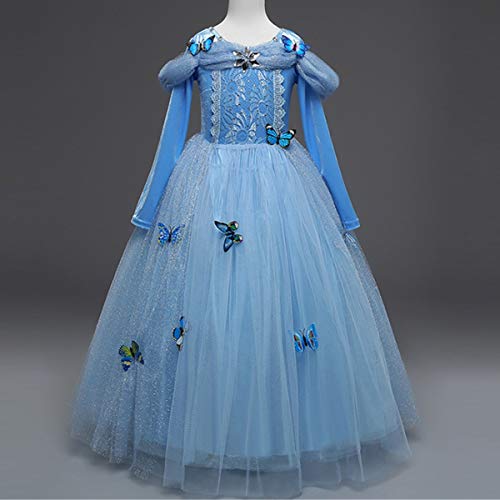 Kosplay Vestido de Cenicienta, Disfraz de Princesa Cenicienta con Mariposa para Halloween Carnaval Navidad Fiesta Cosplay Costume para Niñas Chicas 3-9 Años