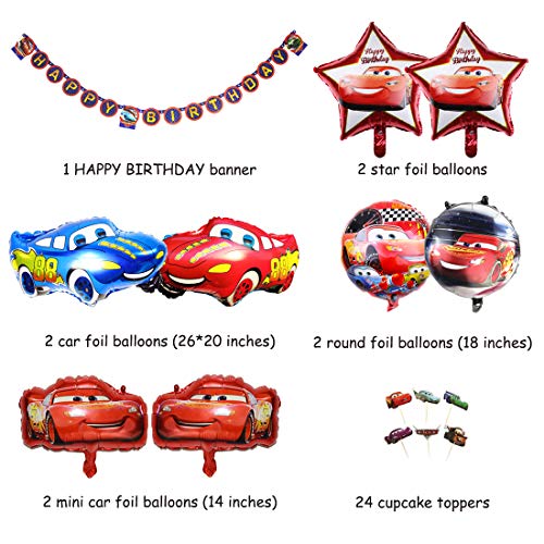 Kreatwow Fiesta de cumpleaños para Auto Suministros para niños con Tema de vehículo Feliz CUMPLEAÑOS Banner, Globos de Aluminio para Auto, 1ª Fiesta de cumpleaños