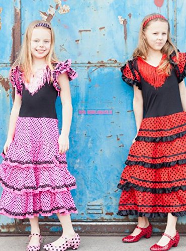 La Senorita - Disfraz de Flamenco español para niña/niños - Negro/Rojo (Talla 128 – 134 – Longitud 85 cm – 7 – 8 años, Multicolor) con Diadema Gratis