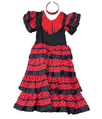 La Senorita - Disfraz de Flamenco español para niña/niños - Negro/Rojo (Talla 128 – 134 – Longitud 85 cm – 7 – 8 años, Multicolor) con Diadema Gratis