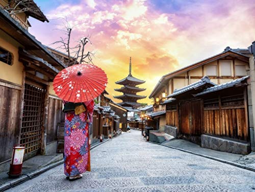 Lais Puzzle Joven con un Kimono Tradicional japonés con un Paraguas japonés en la Pagoda Yasaka y la Calle Sannen Zaka en Kyoto, Japón. 1000 Piezas