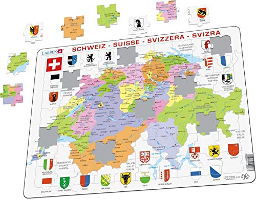 Larsen K43 Mapa político de Suiza, edición en Multilingüe (Alemán/Francés/Italiano), Puzzle de Marco con 70 Piezas