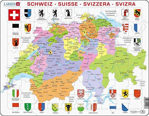 Larsen K43 Mapa político de Suiza, edición en Multilingüe (Alemán/Francés/Italiano), Puzzle de Marco con 70 Piezas