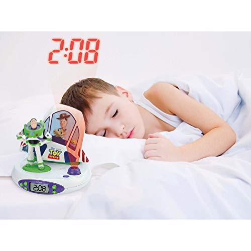 LEXIBOOK Toy Story, Disney Pixar-Radio Reloj Despertador con Buzz y Woody, proyección Luminosa de la Hora en el Techo, Efectos sonoros (RP505TS), Color Blanco/Verde