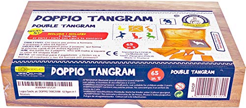LOGICA GIOCHI Art. Doble Tangram - Rompecabeza Geométrico de Madera Preciosa - 65 Puzzles en 1 - Juego Educativo para 1-2 Jugadores - Version de Viaje