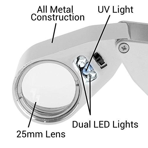 Lupa para Joyería con Iluminación, Tiene Lente UV LED 40X con Estructura Metálica y Vidrio Óptico, Paquete para Punto de Venta de Kare & Kind (40X x 25 mm, Plateado)