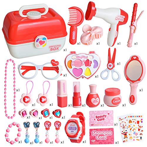 Maletín de Joyería y Maquillaje Juguete Pretend Play Belleza Caja Completa de Peluquería inluye 30 Piezas Comésticas Juego Educativo y Científico Regalo Ideal de Cumpleaños Navidad para Niños 3+ Años