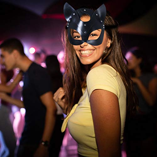 Máscara de cuero sexy para gatos, Sexy Catwoman Cosplay Máscara de cuero Máscara de gato Fiesta de mujeres Cabeza de gato Máscara de banda Remaches de disfraces Máscara de mascarada Maquillaje facial