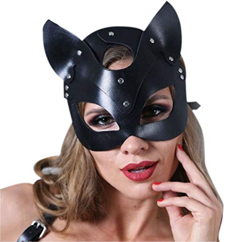 Máscara de cuero sexy para gatos, Sexy Catwoman Cosplay Máscara de cuero Máscara de gato Fiesta de mujeres Cabeza de gato Máscara de banda Remaches de disfraces Máscara de mascarada Maquillaje facial