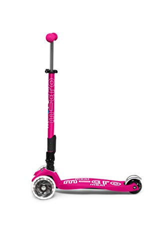 Micro® Maxi Deluxe Plegable LED, Patinete 3 Ruedas, 5-12 Años, Peso 2,5kg, Carga Máx 70Kg, Altura 67-91 cm, Plataforma Antideslizante Polipropileno (Flexible, Alta Resistencia) (Rosa)