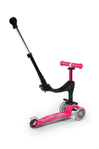 Micro® Mini 3en1 Deluxe Plus. El Original. Patinete evolutivo 3 Ruedas, 1 - 5 años, Manillar Regulable 48-68cm, Asiento + Reposapiés + Bastón de Empuje (Rosa)