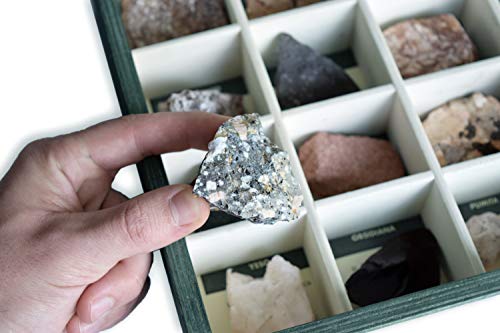 MINERALES Y FOSILES NANO Colección de 20 Rocas Premium en Caja de Madera Natural - Rocas Reales educativas de Gran tamaño con Hoja de descripción. Kit Geología para niños