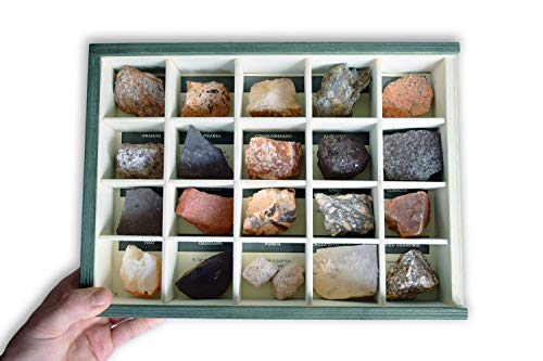 MINERALES Y FOSILES NANO Colección de 20 Rocas Premium en Caja de Madera Natural - Rocas Reales educativas de Gran tamaño con Hoja de descripción. Kit Geología para niños