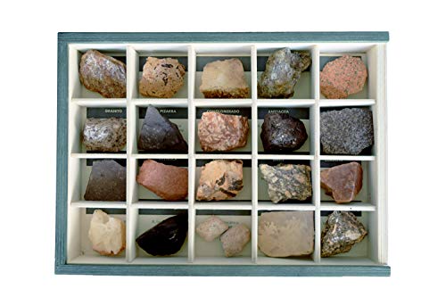 MINERALES Y FOSILES NANO Colección de 20 Rocas Premium en Caja de Madera Natural - Rocas Reales educativas de Gran tamaño con Hoja de descripción. Kit Geología para niños