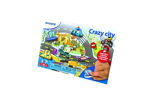 Miniland- On The Go: Crazy City Juego magnético de temática Stem, 21,5 x 44 cm de tabolero (31962)