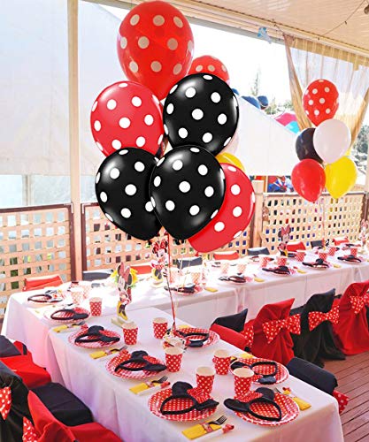 Minnie Mouse Themed Party Supplies Rojo y negro para niñas Feliz cumpleaños Banner Lunares Globos Mantel para fiesta de cumpleaños, Decoraciones para bebés